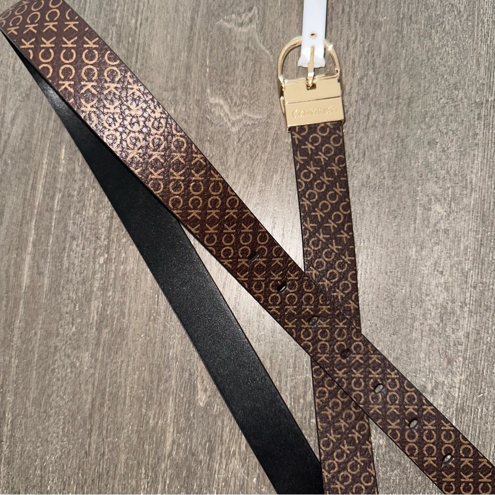Calvin Klein Reversible Belt L - Brown Monogram & Solid Black  42.5” Length NWT